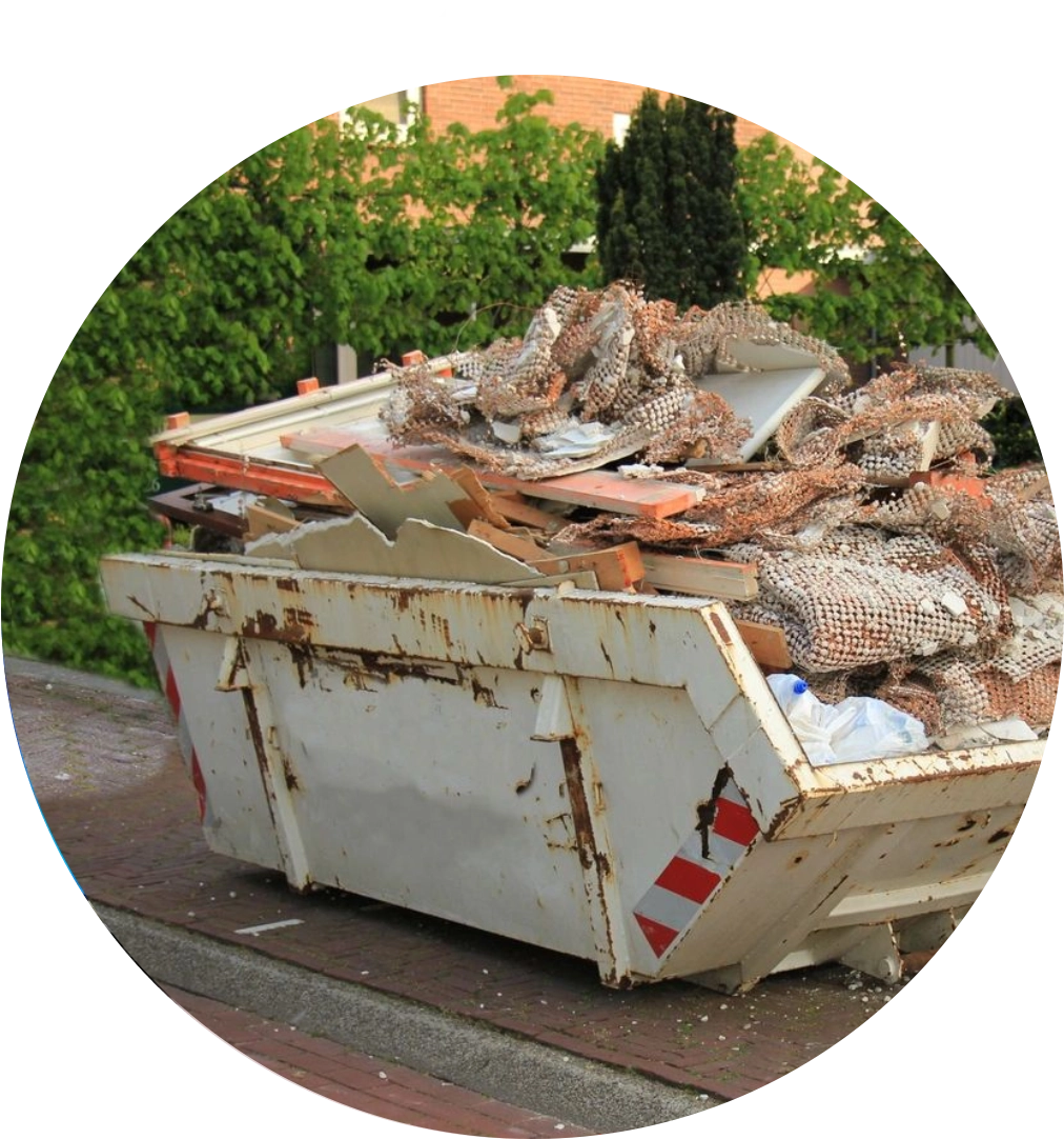 Full construction dumpster with debris.